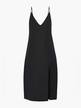 NWT Seafolly Wmns Xs Black Beach Edit Linen Blend Midi Dress Front Split